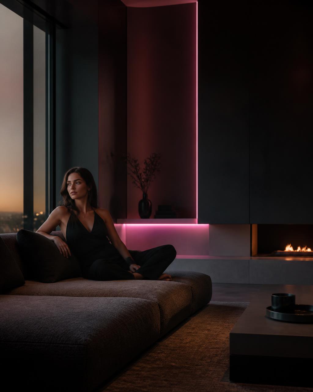Sala de estar decorada e organizada com iluminação neon